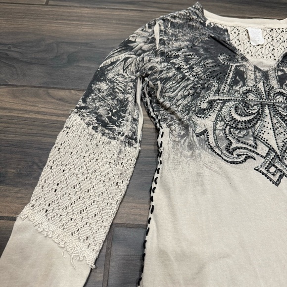 Affliction Shirt with Rhinestones and Knitted Shoulders and Arms - Picture 4 of 13